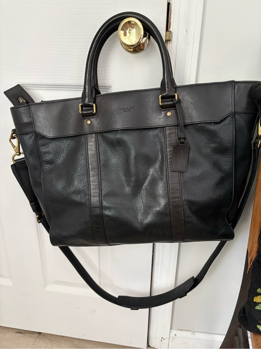 Coach Black Leather Laptop Weekender Bag with Brass Hardware
